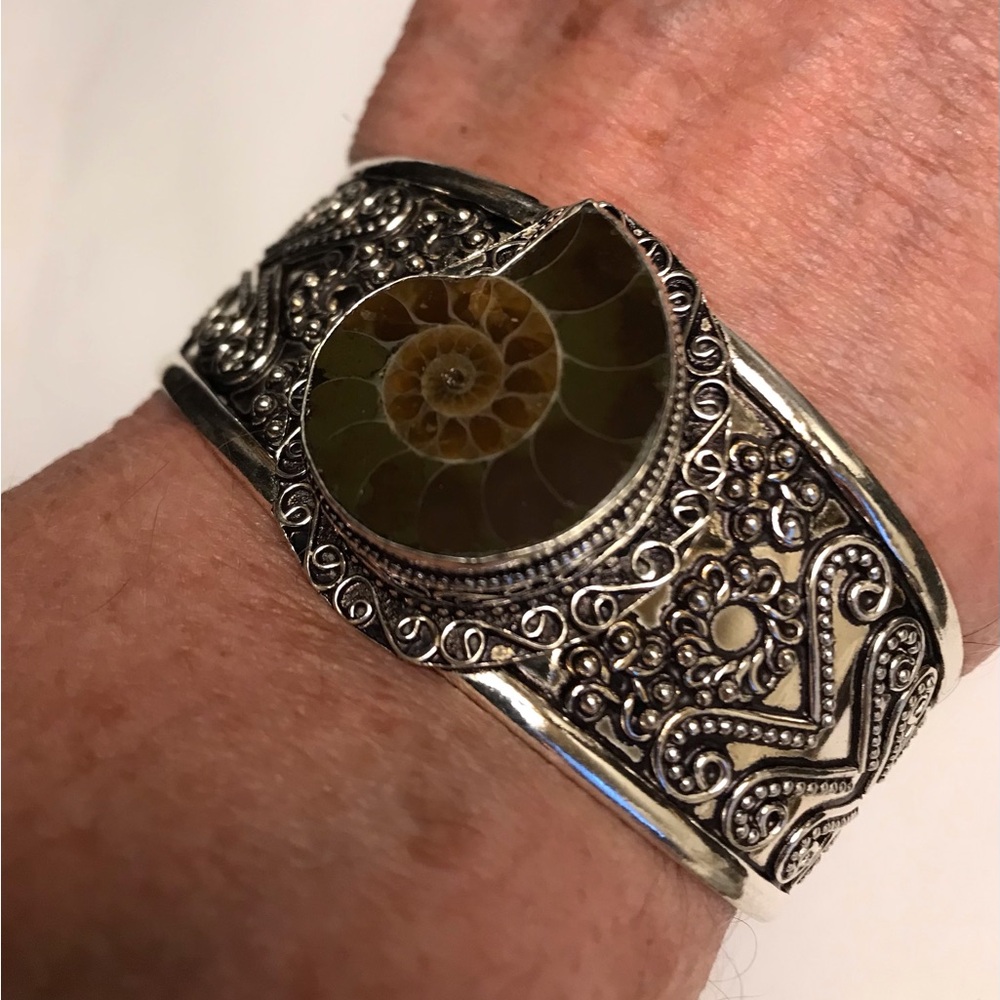Ammonite Stamped 925 Sterling Silver Cuff Bracelet
